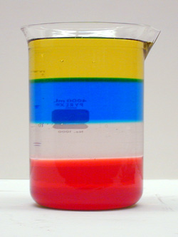 beaker with fluid showing density gradient