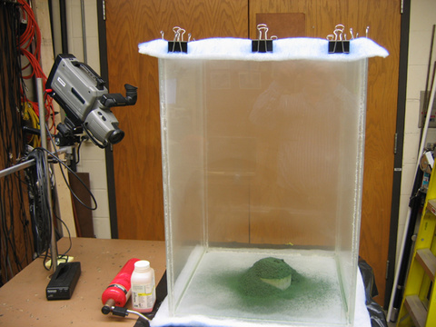 video camera, plexiglass box, materials for Ammonium Dichromate Volcano demo