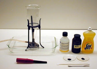 30 percent Hydrogen Peroxide, Manganese Dioxide, Bunsen Burner, Matches, Mortar and Pestle, Ring Stand, Catch Pan, Towels, Dishwashing Liquid, 1000 ml Beaker.