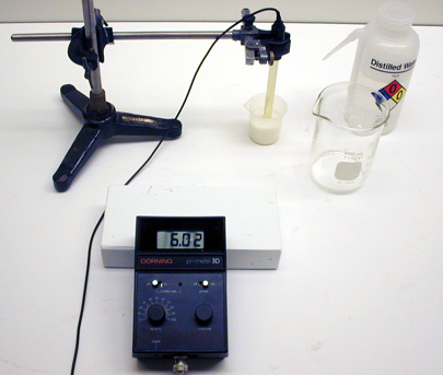 pH Meter and Probe, container, beaker, Stirring Rod, Distilled Water in Wash Bottle, Lab Jack