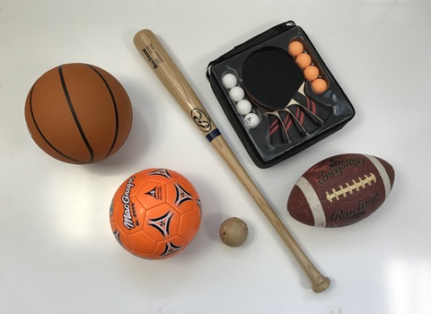 Baseball, Soccer, Basketball, Football, and Ping Pong