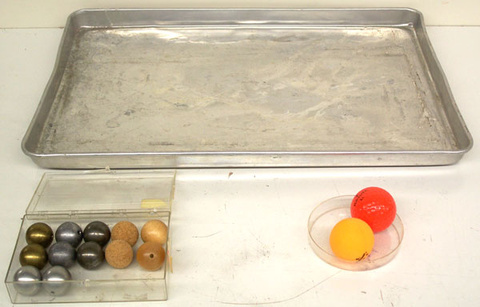 Pizza Pan, Set of Balls with the Same Diameter but Different Densities, Golf Ball, and Ping Pong Ball
