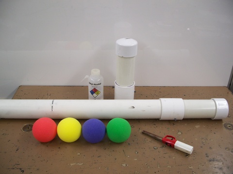 tennis ball cannon, tube, four multicolored balls, lighter, ethyl alcohol