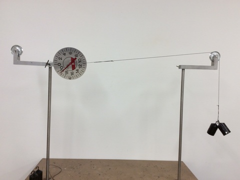 spring scale between two pulleys on stands, two masses on one side