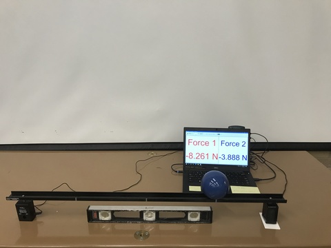 Pasco Dynamics track, blue sphere, laptop showing force
