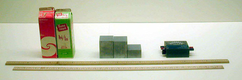 milk cartons, masses, rulers