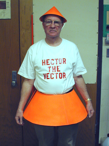 man with Hector the Vector tshirt, orange hat