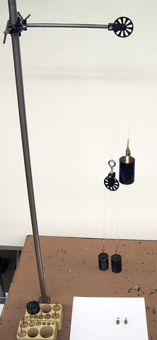 Pulley (single), string, masses, set of masses, and vertical stand