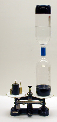 "Hourglass" made of two soda bottles (half filled with water) connected by a tornado tube, scale