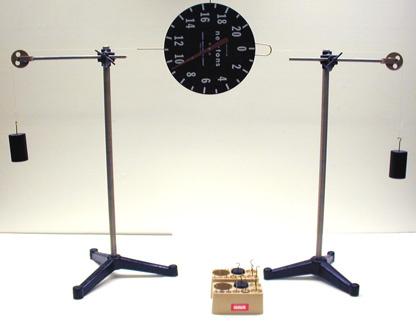 spring scale between two pulleys on stands and two masses