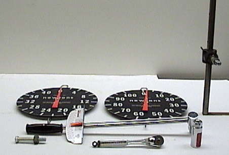 Torque wrench, small socket wrench, 13/16 deep well socket, 40 and 100 Newton scales, bolt welded to rod support
