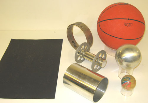 Basketball, Rubber Ball, Metal Ball, Ring, Hollow Cylinder, Axel with Low Mass Wheels, and Construction Paper