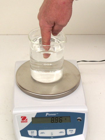 finger in the beaker of water 