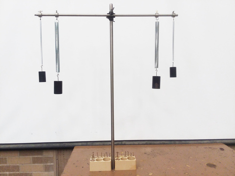 Two set of springs with different sizes and spring constants, 500 and 1000 g masses, crossbar with hooks
