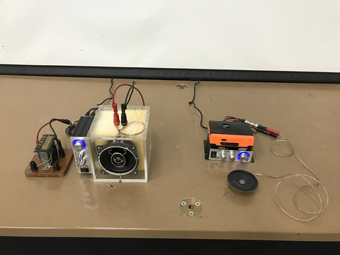 Two small speakers, amplifier, impedance matching transformer