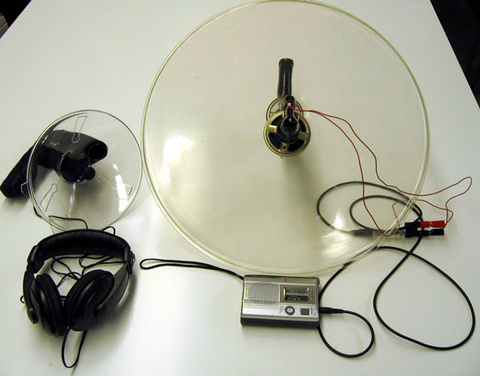 Parabolic reflectors, tape player, speaker, headphones, amplifier