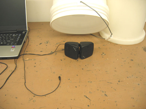 Speakers and 5 gal. pail