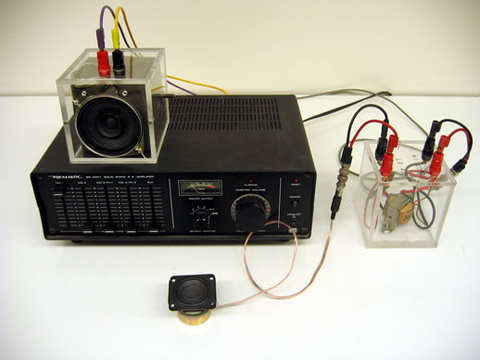 Two small speakers, amplifier, impedance matching transformer