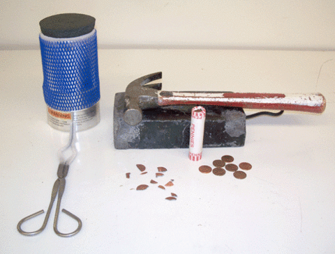 Lead or metal brick, hammer, Liq. N2, small dewar, tongs, pennies