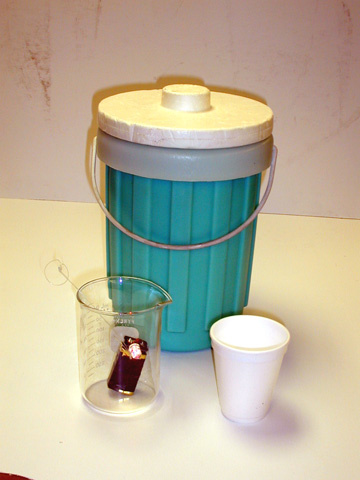 Liquid Nitrogen in Dewar, Styrofoam transfer cup, 400 ml beaker, 9-volt battery with snap-on LED unit