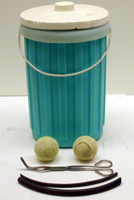 Liquid Nitrogen, Dewars flask, Rubber Hose, tongs, tennis ball innards.