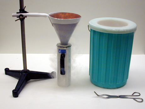 Liquid Nitrogen in Dewars containers, Copper funnel, tongs