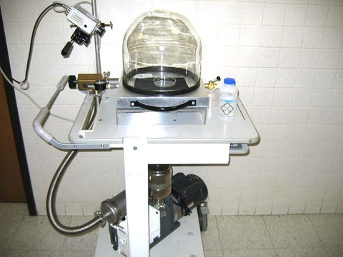 Watch glass with stand, vacuum pump with bell jar, water, concentrated sulfuric acid in a shallow dish