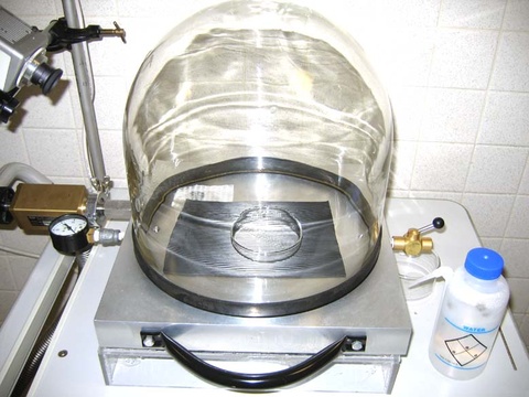 Watch glass with stand, vacuum pump with bell jar, water, concentrated sulfuric acid in a shallow dish
