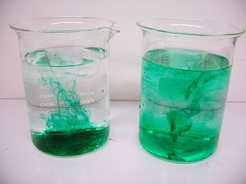 Two Beakers, Hot and Cold Water, Food Coloring