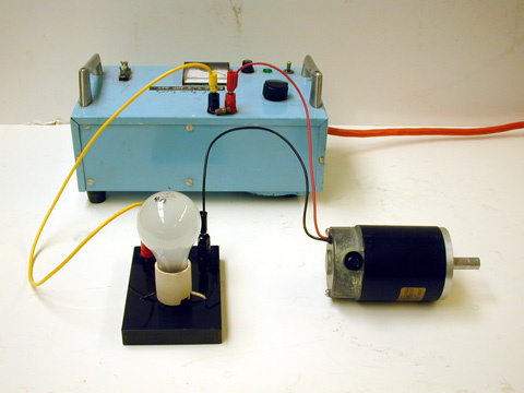 DC Motor, 40 Watt light bulb, and DC power supply