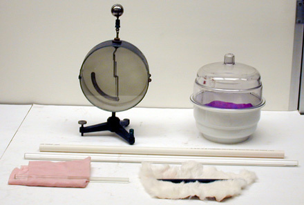 Ebonite Rod, Lucite Rod, Glass Rod, Cats Fur, Silk, Latex Rubber, Desiccators with Drying Agent, electroscope,