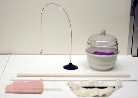 Ebonite Rod, Lucite Rod, Glass Rod, Cats Fur, Silk, Latex Rubber, stand with pith balls