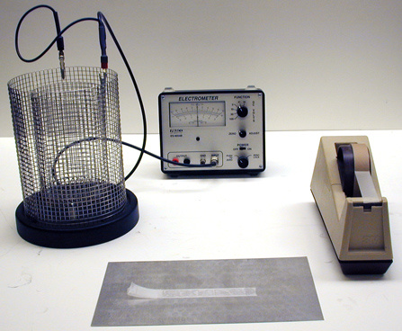 Tape, Pasco Electrometer with Cage, and Flat Metal Plate