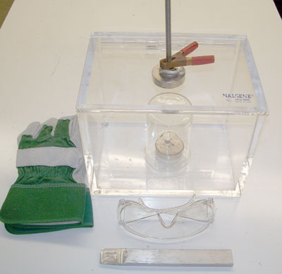 Plexiglas box, 400 ml beaker, 2 large neodymium magnets, glove, clamp