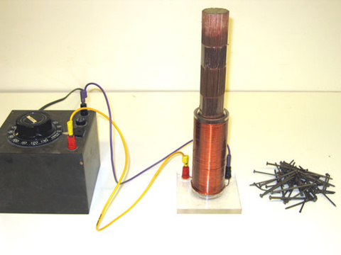 Electromagnet coil with iron core, Variac, nails