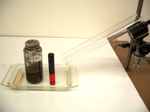 Plexiglas ramp, magnet, glass tray, magnetorheological fluid