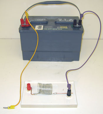 Car battery, 40 amp power supply, overhead slinky apparatus