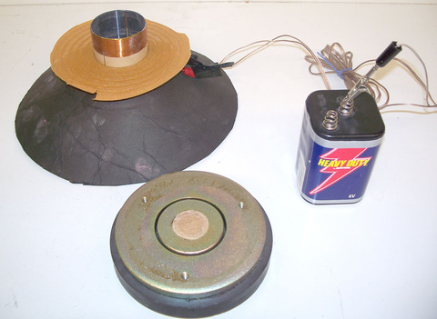 Speaker magnet assembly, speaker coil/cone assembly, 6 volt battery