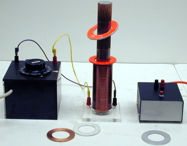 Electromagnet Coil, Iron Cores, Variac, Pulse Switch, and Rings
