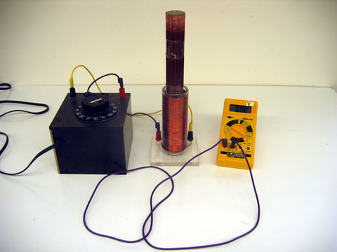 Variac, coil with core, multimeter, split rings