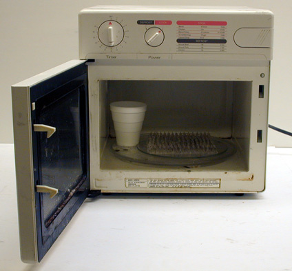 Microwave Oven, Neon Light Array, Styrofoam Cup with Water