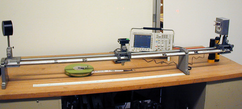  Laser Diode pulser unit, corner cube, digital oscilloscope on a table