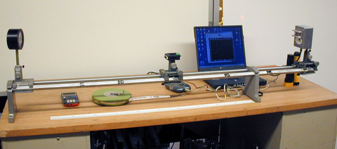 Laser Diode pulser unit, corner cube, digital oscilloscope, laptop with Softscope interface, optics rail, meter tape measure on a table
