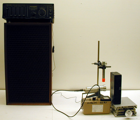 Survey Meter, Lead brick with hole, Large Neodymium Magnet, Strontium 90 Source, Amplifier & Speaker, Lab Jack.
