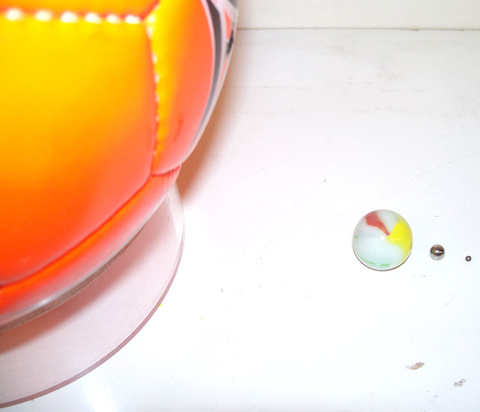 Beads and Styrofoam balls. Soccer ball, marbles, ball bearings