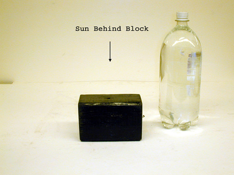 8" X 8" X 2" high block, 2 L bottle full of water, 2 large coins.