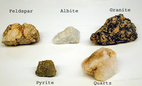 samples of feldspar, albite, granite, pyrite, quartz